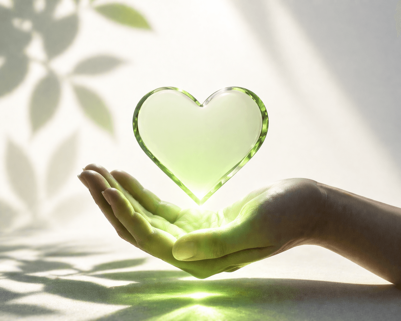 A hand holding a glowing green glass heart